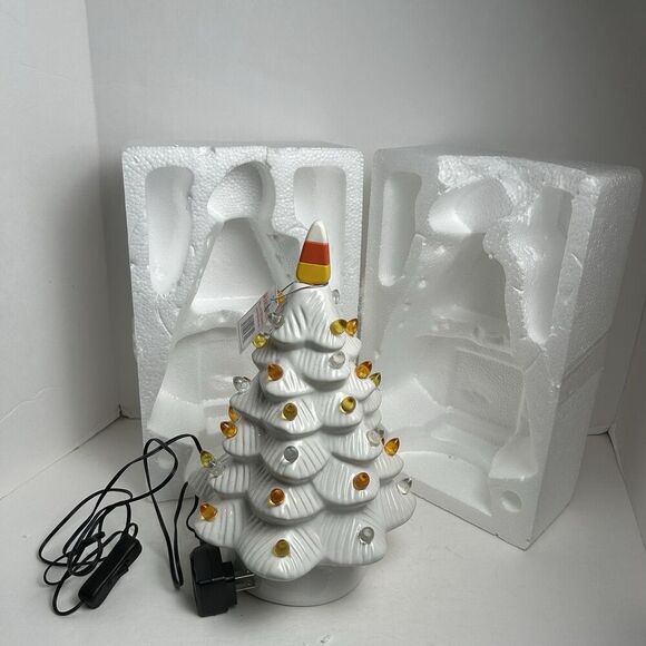 Mr. Halloween 12" White Ceramic Candy Corn Orange & Yellow Bulbs Christmas Tree - Picture 2 of 2